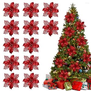 Decorative Flowers 12PCS Christmas Glitter Artificial Poinsettia Flower Tree Ornaments Head For Xmas Wreath Wedding Year Home Decor