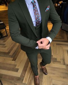 Men's Suits Dark Green Groom Tuxedos Peaked Lapel Blazer Trousers Dinner Prom Men Wedding/Prom/Dinner Man 3Pcs(Jacket Vest Pants)