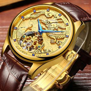 Armbandsur Top Men's Watch Tourbillon Automatiska mekaniska handledsklockor Dragon Gold Dial Leather Ailang 6826