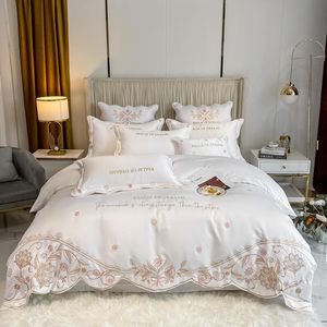 Bedding Sets European Princess Series Luxury Cotton Embroidery Pink White Set Duvet Cover Bedspread Flat Sheet Pillowcases #/