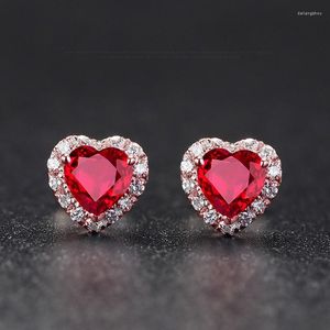Stud Earrings Classic For Women S925 Silver Heart Red Gemstone Wedding Engagement Promise Bridal Elegant Jewelry