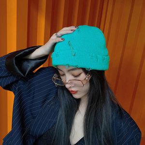 Beanies Beanie/Skull Caps 2023 Harajuku Knitted Hat Women Winter暖かい厚いゴロメンヒップホップピンリングホールスカルキャップショートユニセックスベーシックキャップ
