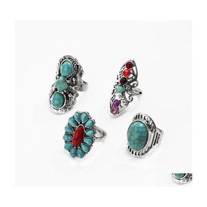 Band Rings Fashion Jewelry Ethnic Style Ring Retro Turquoise Carved Hollowed Flower Set 4Pcs/Set Drop Delivery Dh3Hc