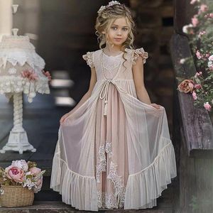 Girl Dresses Princess Pink Flower Lace Two Pieces Birthday Wedding Party Elegant Cute Kids Communion Gowns