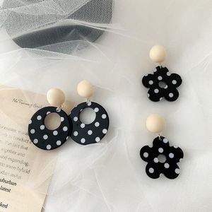 Dangle Earrings Black White Polka Dot Flower Vintage For Women Beads Stud Ear Jacket Round Simple Temperament Korea Fashion Jewelry