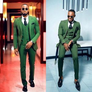Erkekler Suits Green Business Sıradan Düğün Takım Erkekler için Özel Homme Smokin İnce 3 Parçalı Blazer Setleri Zarif Elbise (Ceket Pantolon Yelek)