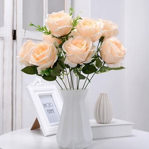 Decorative Flowers 10 Heads Artificial White Silk Roses Vintage Bride Holding Bouquet Wedding Party Ceremony Garden Home Decoration