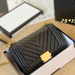 Womens V-stitch Chevron line Cavir Leather Boy Bags Black Gold Metal Hardware Chain Crossbody Shoulder Designer Handbags Adjustable Shoulder Strap Purse 25x15cm