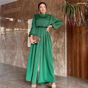 Etniska kläder jumpsuits dubai kalkon satin gröna muslimska klänningar för kvinnor islamiska abaya breda ben byxor vestidos longue femme musulmane de de