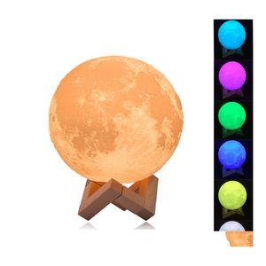 Gece Işıkları Şarj Edilebilir Işık 3D Baskı Ay Lambası 9 Renk Değişim Dokunmatik Anahtar Yatak Odası Kitaplık Gece Işığı Ev Dekoru Yaratıcı Hediye OT1ff