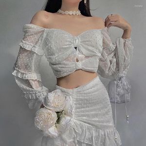 Kvinnors T-skjortor Chiffon Bow Crop Top Women Off Axel Puff Sleeve Shirt Estetic Tee Autumn Sexig Elegant See Through T-Shirt Fairy Tops