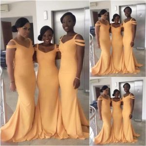 2023 Желтая подружка невесты платья с плечевых ремней Русалка Шифон пляж плюс размер свадебные платья для гостевых платьев.