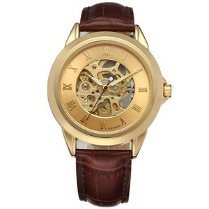 Armbanduhren Herrenuhren Top Luxus römische Ziffern Goldgehäuse Lederarmband Automatische mechanische Skelett-Armbanduhr