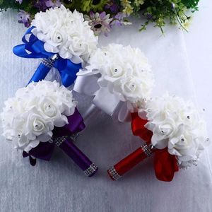 Декоративные цветы красивые белые хрустальные розы жемчужные подружка невесты фиолетовая королевская синяя свадебная букет свадебный искусственный шелковый украшение