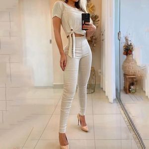 Women's Two Piece Pants Women's Set 2023 Casual Round Neck Top High Waist Tights Solid