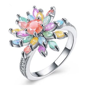 Bant halkaları renkli çiçek mücevherleri AB ABD moda gümüş yüzük zirkon mikro kakma kadın toptan özelleştir