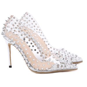 Dress Shoes Women Pumps Clear PVC Sexy Rivet Pointed Toe Stiletto High Heel