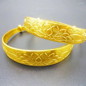 Bangle mässing guldpläterad gammal dam bleknar inte 12n lotus push-pull armband sandguld levande mun vida pulsera