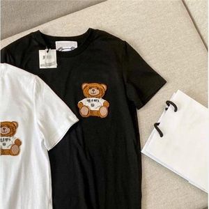 Couples Tops summer T-shirts Men Women's Tees flocking three-dimensional cartoon bear letter loose short sleeves for men and women Cotton shirts Big Size S-5XL