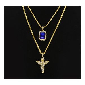 Pendanthalsband Hip Hip Hop Jewelry sets Mini Square Ruby Sapphire Fl Crystal Diamond Angel Wings Gold Chain for Man Hiphop Drop Otnmd