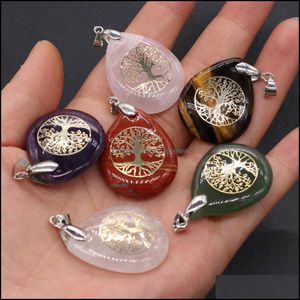 Konst och hantverk Natural Stone Tree of Life Pendant Charms Purple Pink Crystal Tigers Eye Water Drop Shape Metal Alloy Seven Chakra R Dhjyr