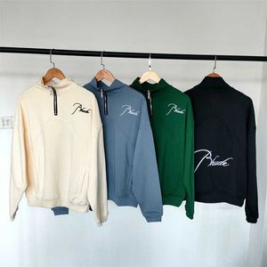 2023 New Men's sweatshirts North American High Street Brand Rhude Chaopai Embroidered Letter Stand Collar Half Pull Sweater Versatile Loose Women's Ins Pullover Coat