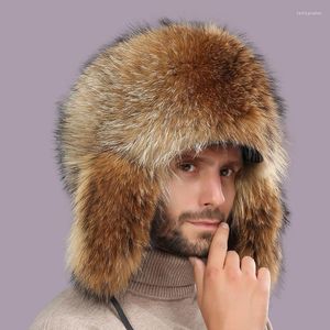 Berets Winter Russia Women Men Boy Girl Natural Real Full Genuine Raccoon Warm Whole Fur Hat Ear Earmuff Bomber Pompom Hats Cap