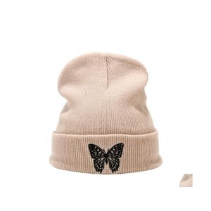 Beanie/Skull Caps Butterfly Brodery Beanie Unisex Winter Hats Women M￤n Solid Autumn Beanies Sticked Skl Cap Hip Hop Wool Hat Dro Otcvk