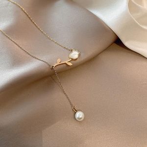 Pendant Necklaces Elegant Round Pearl Long Tassel Gold Plated Preservation Clavicle Chain White Shell Rose Flower NecklacePendant