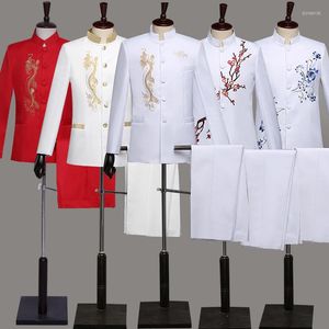 Suits męski garnitur chiński styl haftowany stojak 2 -częściowy mężczyzna męski ślub Slim Fit Plus Size 3xl Blazer Set Stage SL1595