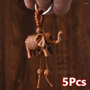 Keychains 5Pcs Women Men Lucky Wooden Elephant Carving Pendant Keychain Religion Chain Key Ring Keyring Jewelry Wholesale Cute