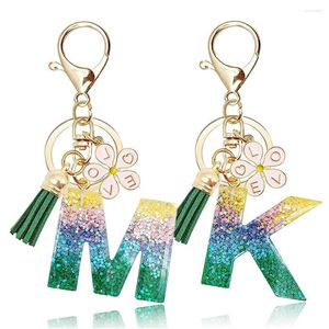 Keychains Colorful Sequins Filled 26 Letters Keychain With Pink Flower Women Girls Handbag Ornament Green Tassel Initial Alphabet Key Ring