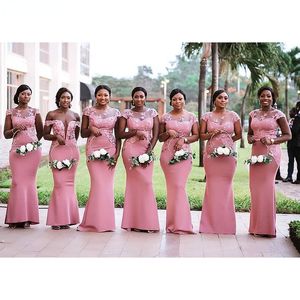 South African Pink Mermaid Bridesmaids Dresses Plus Size Sheer Neck Lace Appliques Floor Length Wedding Guest Maid of Honor Gowns Plus Size