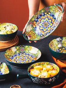 Ciotole Ciotola Set di piatti Stoviglie in ceramica Boemia Vintage Insalata Riso Binaurale Zuppa Noodle Grande maniglia per uso domestico Vassoio da forno