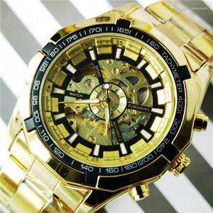 Wristwatches Forsining 2023 Motorcycle Design Golden Band Waterproof Skeleton Men Automatic Mechanical Watches Top Male Clock