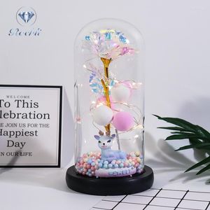 Decorative Flowers Preserved Flower Glass Cover LED Night Light Colorful Deer Christmas Valentine's Day Gift