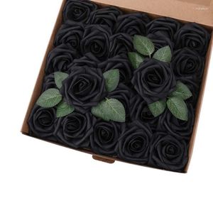 Flores decorativas Halloween Artificial for Decoration 25/50 PCS Rosas pretas com caule e folhas falsas rosa