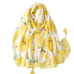 スカーフ春の明るい黄色の花春のサテン綿のリネンハンド編み編みビーチタオルショールシルクスカーフ