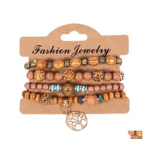 Charm Bracelets 4Pcs/Set Bohemian Wooden Beaded Chains For Women Tree Of Life Metal Rose Flower Wood Beads Bangle Fashion Boho Jewel Otu6J