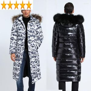 Herren-Daunenjacke, lang, warm, für den Winter, 90 % weißer Entenmantel, Waschbärhund-Pelzkragen, Puffer-Parka in Übergröße