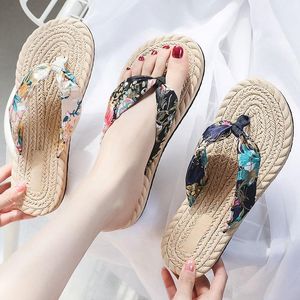 Slippers Women Summer Imitation Straw Woven Travel Espadrille Flip-flops Fashion Bohemian Satin Cloth Sandals And SlippersSlippers
