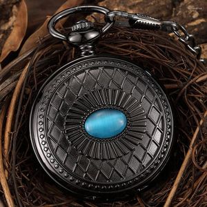 Pocket Watches Black Chain Skeleton Mechanical Watch Antique Steampunk Hand Wind Fob With Blue Gem Men Women Gift Box Collection