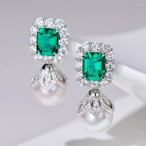 Dangle Earrings Princess Green Crystal Emerald Gemstones White Pearl Water Drop For Women Elegant Fine Jewelry Party Accessories Gifts