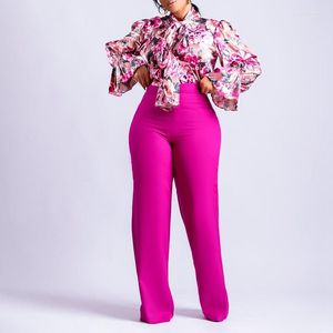 Zweiteilige Hosen für Frauen stilvolle Dame elegant florale gedruckte 2 -Set -Frauen -Flare -Ärmel -Bogenhemd und Wide Leg Pant Suits 2023 Herbstparty OL