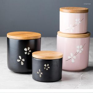 Förvaringsflaskor japanska keramiska lufttätt burk trä lock kaffe böna te kök matlåda körsbärsblomning dekoration