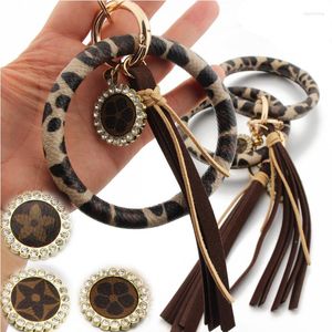 Bangle Women Round Key Ring 3 Colors PU Leather Bracelet Wristlet Keyring Leopard Wristband Tassel Keychain