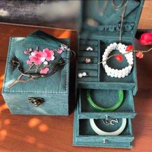 Smyckespåsar Hoseng Green Chinese Style broderiörning Box Flanell Gift Necklace Case Ladies Retro Fashion Three-Tier Casket HS_7