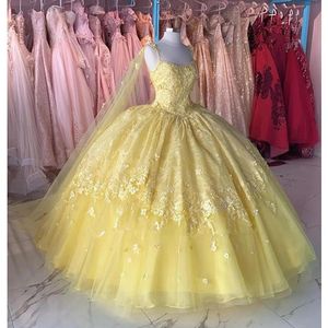 Quinceanera Kleider Rouge rosa gelbe Kristallperlen Handblumen Spitze süß 16 Prom Kleid Sweep Zugkugel Tüll Prinzessin Party Kleid Custom 403