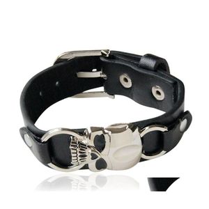 Braccialetti con ciondoli Trendy Bracciale da uomo in pelle da bici Europa Punk Vintage Nero Wide Skl Scheletro per gioielli moda uomo Drop Delivery Ot2Dx