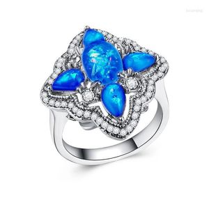 Anéis de casamento Hainon Flower Design Branco/Blue Opal Ring Silver Color Party Gift Senhoras Clear Stone Luxury Jóias Distribuição